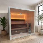 Finnish sauna S-Line Nordiq 210 Double in a bright Scandinavian room with a large window