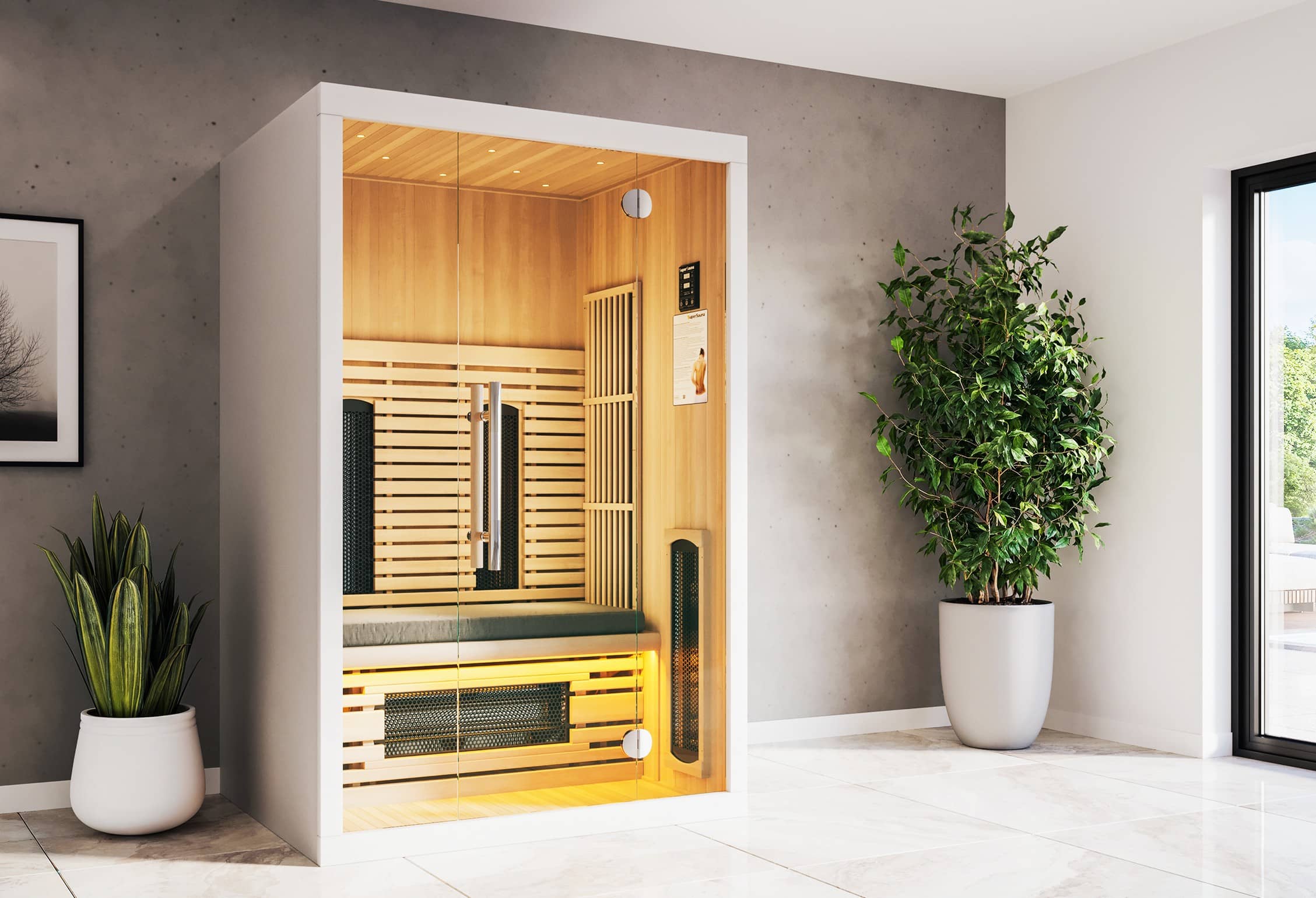 2-persoons infrarood sauna van hout geplaatst in een moderne badkamerv