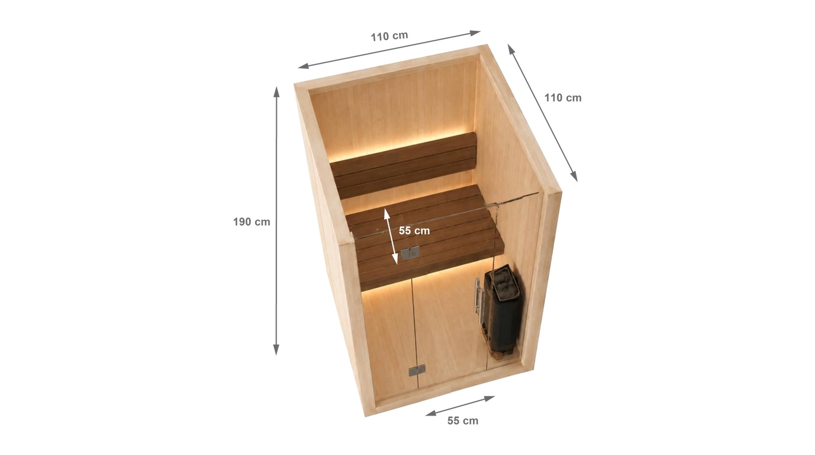 Dimensions of the Finnish sauna S-Line Nordiq 110, 110 x 110 x 190 cm, with a bench depth and door width of 55 cm
