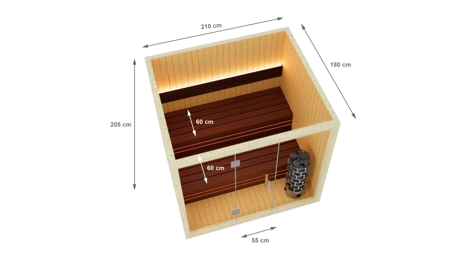Dimensions of the Finnish sauna S-Line Nordiq 210 Double, 210 x 180 x 205 cm, with two 60 cm deep benches and a door width of 55 cm