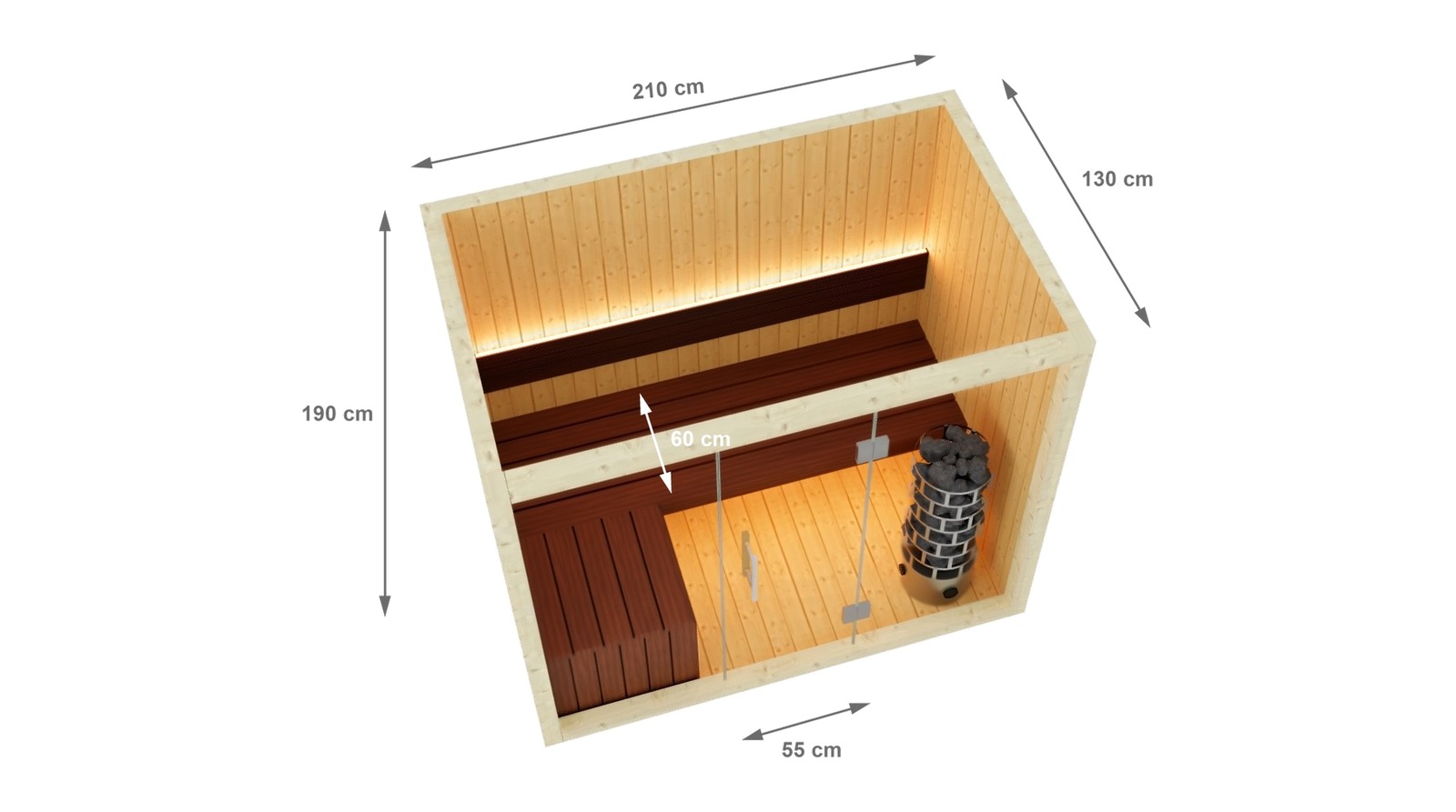 Dimensions of the Finnish sauna S-Line Nordiq 210 Relax, 210 x 130 x 190 cm, with a bench depth of 60 cm and a door width of 55 cm