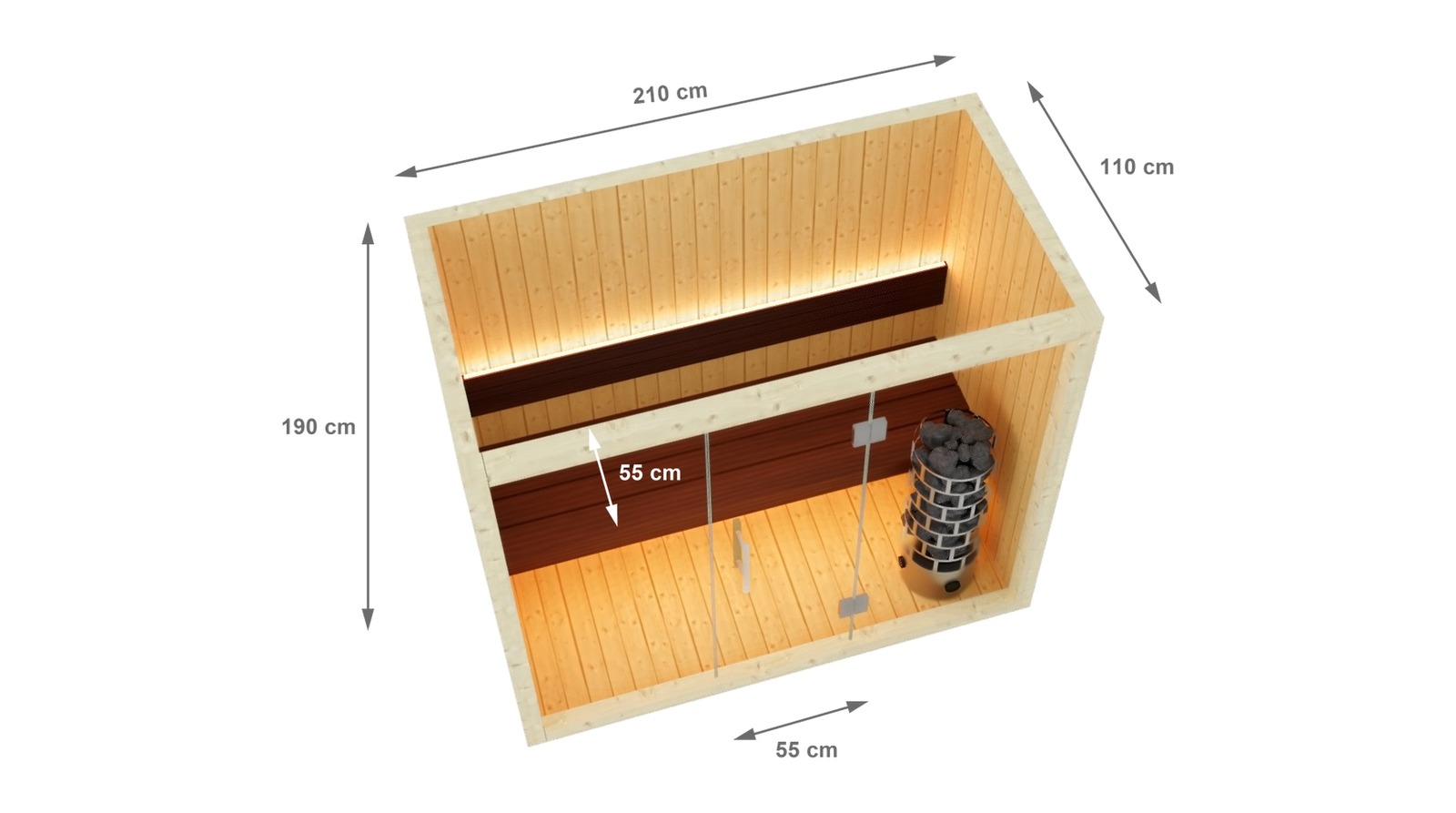 Dimensions of the Finnish sauna S-Line Nordiq 210 Single, 210 x 110 x 190 cm, with a bench depth and door width of 55 cm